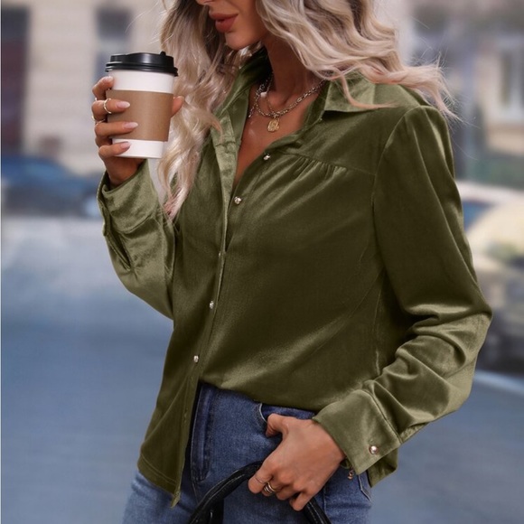 Luxe Velvet Button Down Shirt Top Blouse Rust - Picture 15 of 17